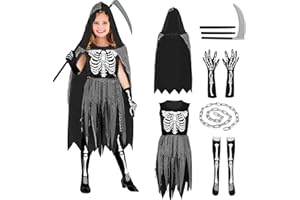 BITOWO Halloween Deguisement Faucheuse Filles Enfant Costume Faucheuse 3-12 ans avec Cape Faucheuse Noire Robe Deguisement Squelette Gants Chaussettes Faucille Déguisement Faucheur Enfant Grim Reaper Costume