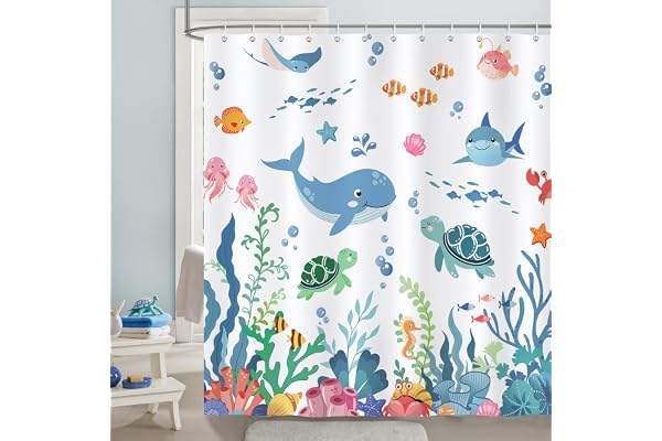 Bonhause Duschdraperi för barn, havssköldpadda, fisk, hav, djur, 180 x 180 cm, vattentät, mögelbeständig, polyester, med 12 k