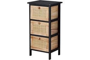 Home Source Chest of Drawers, Wooden Bedroom Organiser Storage Unit, Black with Woven Rattan Drawers, 3 Drawer