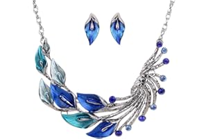 YAZILIND Ensemble collier et boucles d'oreilles ethniques en argent tibétain bleu paon avec boucles d'oreilles et collier pour fête de mariage
