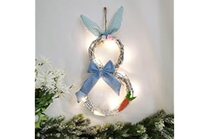 DWTECH Easter Wreath Decorations With Lights Decorating Rattan Circle Wreath Ornaments Cute Bunny Shape Decorations-Handmade Rattan Bunny Rabbit Garland Wreath Pendant,Easter Gifts (Blue)