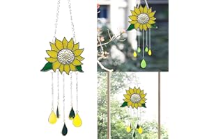 SEAHUI Sunflower Wind Chime Sun Flower Hanging Sign Dripping Pendant Stained Suncatcher Garden Ornament Decor For Outdoor Indoor Home Bedroom Living Room Window Corridor Yard Decoration