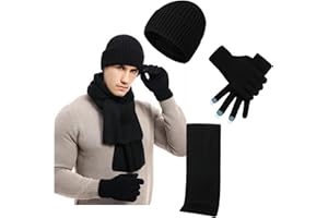 JYCY Hat and Scarf Set for Men 3 Pcs Set Winter Knitted Beanie Hat and Gloves Boys Thermal Touch Screen Gloves Caps Men for Gifts Unisex Women