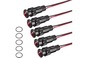 PATIKIL 5Pcs 8mm(5/16") Indicator Light,12V-24V AC/DC LED Plastic Shell Signal Lamp Waterproof IP67 Round Head Signal Lights with 150mm(5.9") Cable for Boat Car,Red
