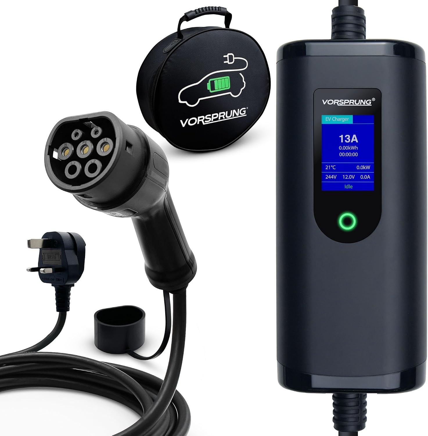 VORSPRUNG® Portable EV Charger Type 2 with 8 Metre 8M Controllable Digital Screen (UK Plug 3 pin), Electric Vehicle Portable Charging Cable Type 2 (type 2 female), 8/10/13A FREE Carry Case (8M)