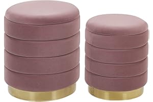BELIANI Conjunto de 2 pufs con almacenaje tapizados en terciopelo de poliéster rosa base de acero inoxidable dorada diseño moderno Garland