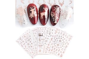 JMEOWIO 9 Feuilles Noel Stickers Ongles Nail Art Deco Noel Autoadhésif Autocollants Ongles Christmas Décoration Or Rose Flocon de Neige Design Manucure