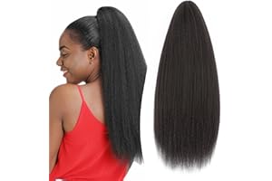 S-noilite Long Drawstring Ponytail Thick Kinky Yaki Straight Pony Tail Hairpieces 24 inch Synthetic Clip in Hair Extension for Black Women Girl Daily Use - Natural Black