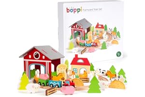 boppi Fattoria Animali Bambini con Set Trenino- Giochi in Legno per Bambino - Giocattoli Bambino 3 Anni - Pista Trenino in Legno con Locomotiva Magnetica - Giochi Educativi Montessori - 48 Pezzi