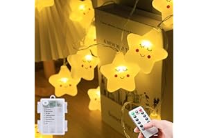 MOLVCE Łańcuch świetlny do pokoju dziecięcego, 8 trybów pracy, z timerem, 3 m, 20 diod LED, zasilanie bateryjne, lampka nocna do pokoju, dekoracja na urodziny, imprezę, Boże Narodzenie, ciepła biel, gwiazdy