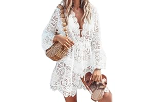 YILEEGOO Women Lace Floral Bikini Cover Ups V Neck Hollow Out Swimwear Tunic Beach Dress Summer Beachwear