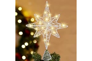 DTYDECLE Christmas Tree Topper Lighted, 13.5’’ Silver Glittered Xmas Hollow Star Treetop Toppers Ornaments with 20 LED Lights for Indoor Christmas Tree New Year Holiday Decorations