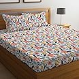 LOOMLYFE 300 TC Cotton Feel Glace Cotton Elastic Fitted Printed King Size Double Bed Bedsheet with 2 Pillow Covers Fits Upto 8 inches Mattress, Size- 72X78 Inches, BaleBlueFlower