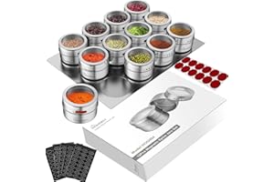 HOMGEN Tarros de Especias Magnéticos 12 PCS Acero Inoxidable 430 Organizador de Especias con Tapa Rotatoria Tarros para Cocina con Base Magnética Etiquetas para Identificar Tapa Transparente PC 100ml