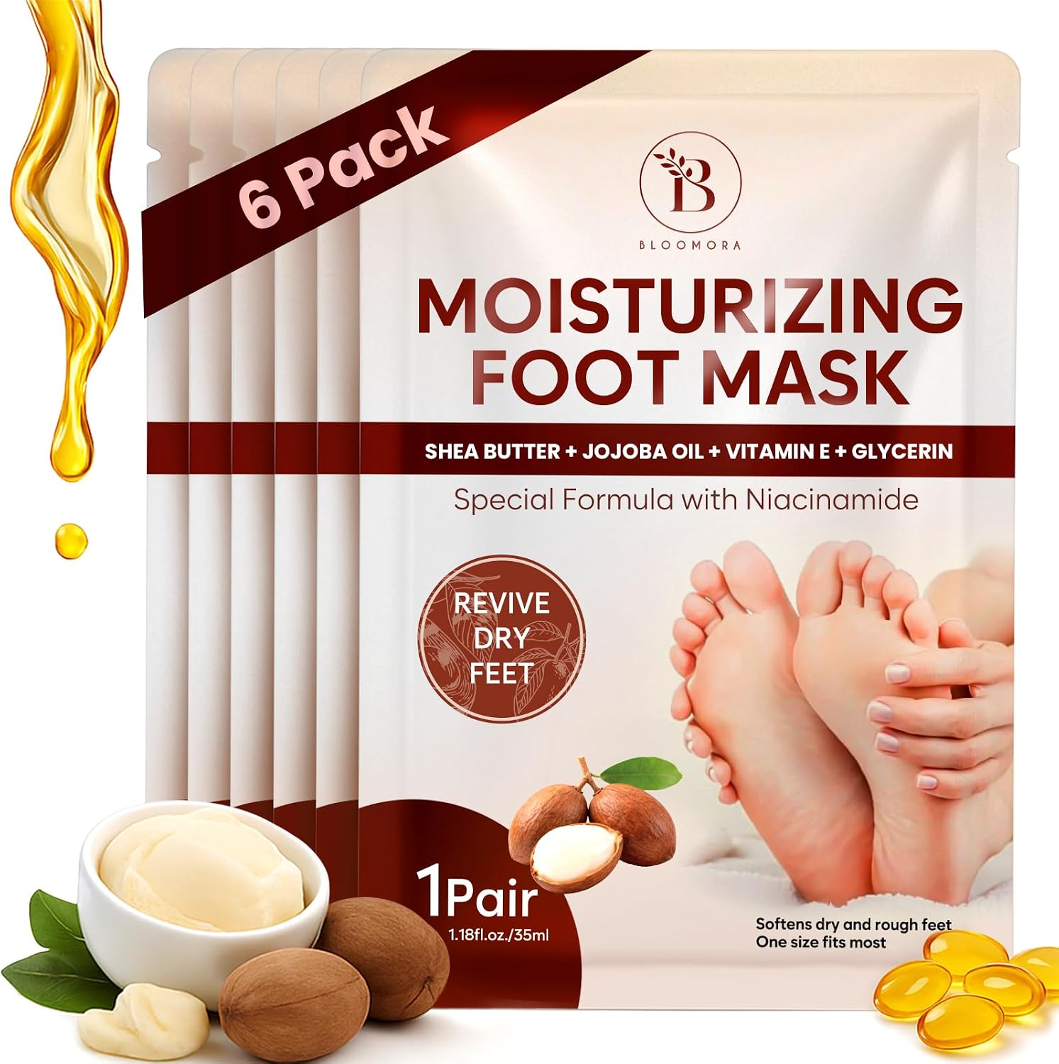Mascarilla para Pies Hidratante – Foot Mask con Manteca de Karité, Aceite de Jojoba y Vitamina E – Mascarilla Pies para Talones Agrietados y Piel Seca – 6 Pares