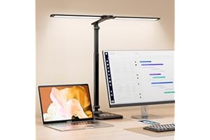 CHARYJOD Double Head Desk Lamp LED Dimmable, Stretchy LED Desk Lamp, Desk Lamp Has 5 Colour Temperatures and 10 Brightness Levels, USB Charging Port