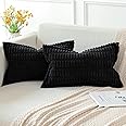 Artscope Black Cushion Covers Set of 2 Corduroy Decorative Square Striped Pillowcase with Stitched Edge Pillow Covers 30x50cm for Home Decor Sofa Bedroom Car