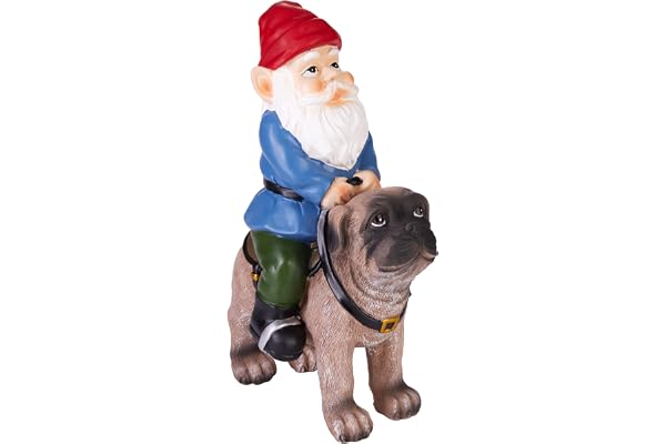 BRUBAKER Nain de Jardin avec Chien - Nain Chevauchant avec Selle sur Carlin - Drôle Décoration Résistante aux Intempéries pour Jardin et Camping - Cadeau pour Les Propriétaires de Chiens