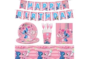 Ksopsdey Party Tableware Set Birthday Celebration Party Decoration Set Lilo & Stitch Birthday Decoration Set for Happy Birthday Banner, Plates, Cups Set for 10 People
