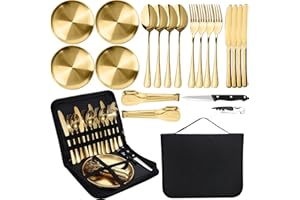 MORAINJAY 20 Pièces Vaisselle Camping pour 4 Personnes,Acier Inoxydable Alimentaire Ensemble de Vaisselle avec Assiette, Cuillère,Fourchette,Couteau et Sac Eangement,Écologique, Résistant(Or)
