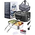 Buddew Electric Lunch Box 80W Food Heater 3 in 1 12/24/110-230V Portable Lunch Warmer Upgraded Leakproof Heated, for Car/Truck/Office with SS Fork&Spoon and Insulated Carry Bag (Black)