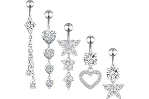 Invalidism 5 Pcs Belly Button Bars,Stainless Steel Belly Bars Sterling,Flower Butterfly Tassel Heart Navel Rings,Hypoallergenic Belly Button Piercing Jewellery