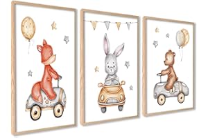 ag.art deco Decoration Chambre Bebe 30x40 cm | Affiche Decoration Murale Enfant | 3 Tableaux pour Décoration Chambre Fille ou Garcon | Poster Mural sans Cadre (Animaux en Voiture)