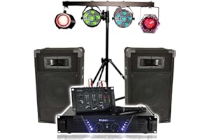 GEF-ROY Kit de sonorisation Ibiza DJ-300, Complet avec 2 Enceintes, amplificateur, Table de mixage, Portique Lumières DJ, Câbles