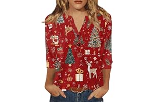 GENERISCH Christmas T-Shirt Women's 3/4 Sleeve Button V-Neck Christmas Jumper Top Elegant Glitter Funny Autumn Winter Christmas Jumper