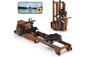 WENOKER Foldable Water Rowing Machine Wooden with LCD Monitor, Bluetooth Compatible, Easy Assembly for Home Gym Workouts