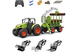 fisca Tracteur télécommandé, RC Tracteur de Ferme avec remorque, y Compris Tracteur, grappin en Bois, Baguettes en Bois et grappin, Forker, Bras Porteur, Jeu de Ferme Jouet Camion pour Enfants 5+ Ans