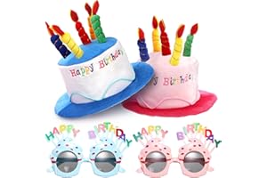 Okllen Birthday Hats Set of 2 for Adults, Plush Cake Hats with Sunglasses, Funny Party Novelty Hats for Birthday Party Favors, Blue & Pink