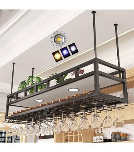 Mensola Pensile Soffitto 2 Livelli In Legno Massello E Ferro - Portabottiglie E Portabicchieri Da Vino Per Cucina, Bar, Loft (120x30 Cm)