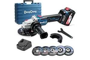 DONG CHENG DongCheng akumulatorowa szlifierka kątowa 18 V, Ø 125 mm, 630 W, głębokość cięcia 33 mm, bezszczotkowa, osłona szybkiego zamknięcia, uchwyt antywibracyjny, 2 tarcze szlifierskie, 2 tarcze tnące, w