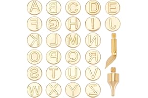 GORGECRAFT 28pcs Wood Branding Iron Alphabet Carving Tips Hollow Hot Stamps Alphabet Set 9mm Letter Stamp Punch Tips Set for Engraving Molds Embossing Tools Wood Burning Carving DIY Crafts Matte Gold