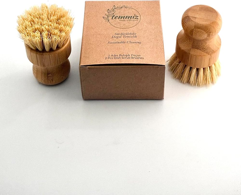 Temmiz 2'li Küçük Bulaşık Fırçası, Ergonomik Bambu Tutma Kısmı, Sisal Lifi Fırça, Güçlü Sürdürülebilir Doğal Temizlik