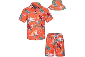 TUNEVUSE Little & Big Boys Hawaiian Button Down Shirts and Short Sets with Bucket Hat Summer Outfits Printed Kids Cabana Set