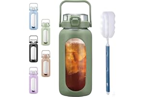 BLUEGO 2L Gourd en verre Avec paille Marqueur de temps Bouteille d'eau Motivation avec manchon en silicone 2 litres Grande carafe d'eau en Verre pour Gym, sports et entraînement,Olive 02
