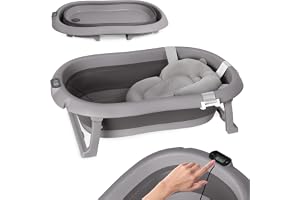 Babybadkar vikbart babybadkar – mörkgrått babybadkar med termometer och badkudde – 80 cm babybadkar för barn 0–36 månader – b