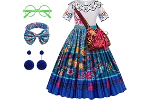 JMOCD Mirabel Dress Costume, abito da principessa con borsa a tracolla, occhiali, cravatte per capelli e orecchini per le ragazze, Halloween Carnevale Compleanno Party Cosplay Outfit