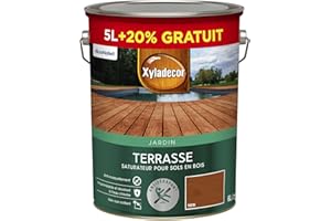 Xyladecor - Saturateur pour Sols Extérieurs en Bois - Terrasses, Abords de Piscine, Caillebotis - Antidérapant - Couleur : Mat Teck - Quantité : 5L + 20% gratuit