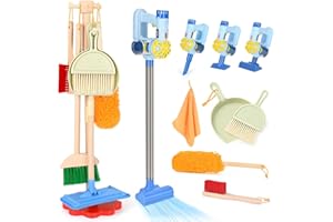 Dreamon Aspirapolvere per bambini con aspirazione e funzione audio, 11 set di pulizia per bambini, giocattolo in legno, scopa per bambini a partire dai 3 anni in su