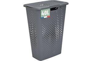 SUNDIS Pixel, panier à linge 40l, en plastique recyclé, gris, idéal pour les petits espaces, 2 poignées latérales et 1 poignée au-dessous, aération sur les 4 côtés