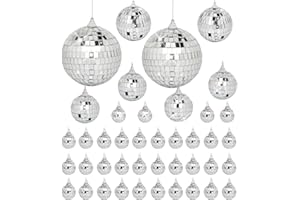 JAVIK 42 Pack Mini Mirror Disco Ball Set: Silver Hanging Disco Balls Decor - Small Mirror Ball Ornaments for Party Decorations Christmas Tree Birthday Wedding (1.2/2/2.4/3 Inch)