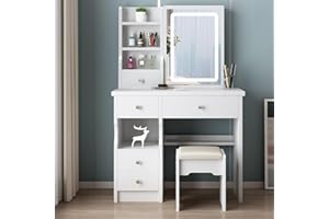 SAALU Schminktisch mit LED-Beleuchtung Spiegel,einstellbare Helligkeit, Schminktisch mit Stuhl, Frisiertisch mit 5 Schubladen und 3 Ablagen, Modern Kosmetiktisch aus Holz, Weiß (T68)