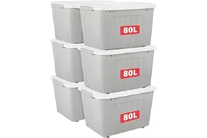Cetomo 80L*6 Storage Boxes with Lids, Plastic Storage Box with Wheels and Secure Side Latches, Stackable & Nestable Organizer for Home, Office, Moving, PP, Gray, 80L-6 Pack