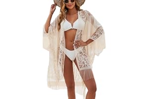 colornival Elegante Kimono-Strandabdeckung für Damen mit Spitze, Leicht, Luftig und Vielseitig, Perfekt für Sommerurlaub, in Schwarz und Cremeweiß