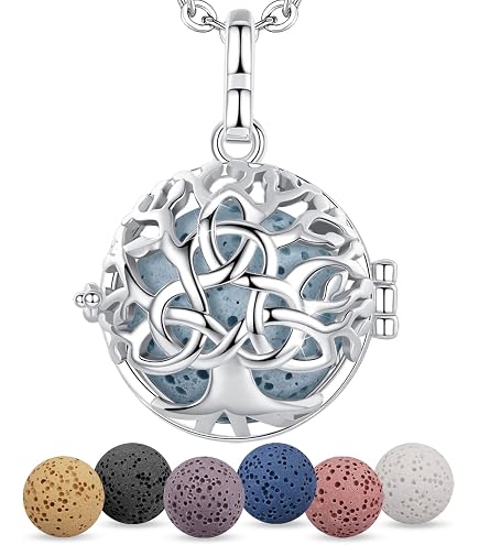 Collier Diffuseur D'huiles Essentielles Arbre De Vie - Bijou Aromathérapie Avec 5 Pierres De Lave - Pendentif Lotus Pour Femme - 3