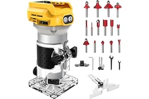 LENGSUAA Cordless Power Router Compatible with Dewalt 20V Battery, 1300W Brushless Handheld Palm Routers Wood Trimmer with 6 Speed, Guide Wheel, Straight Guide, 15 Milling Bits and 2 Spanners(No Battery)