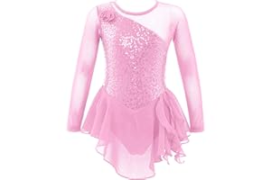 IEFIEL Vestido Lentejuelas de Danza para Niña Maillot Patinaje Artístico de Manga Larga Leotardo de Ballet Gimnasia Vestido de Bailarina 4-16 Años